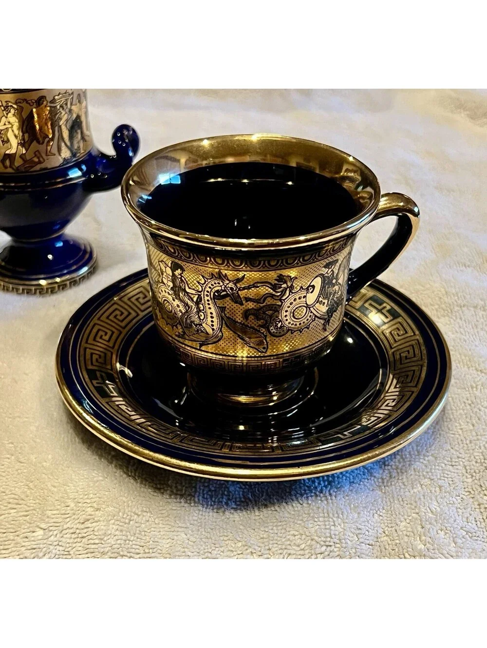 3 Pcs Set SPYROPULOS Greek D. Cup & Saucer, Vase Ashtray, 24k Trim, Cobalt B